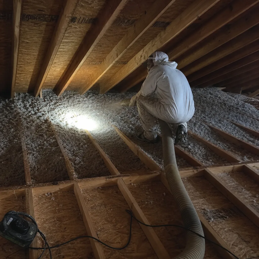 Professional contractor blowing loose-fill insulation into an unfinished attic space
