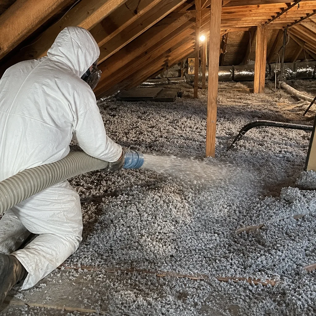 Contractor blowing loose-fill insulation into an attic space