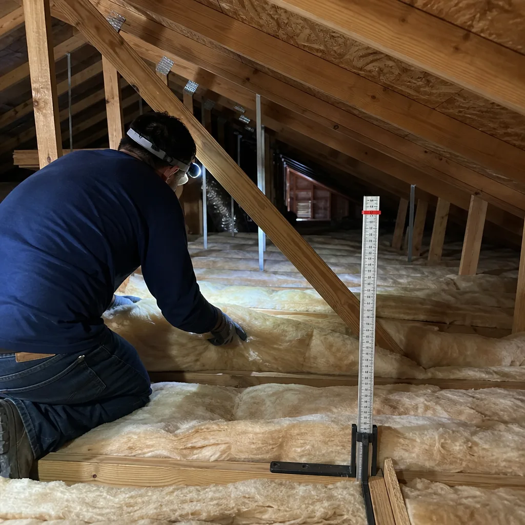 Technician measuring attic fiberglass insulation depth with a gauge tool