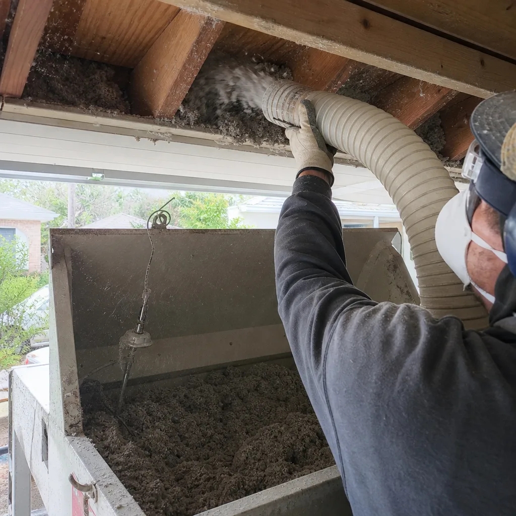 Technician performing professional insulation removal using industrial vacuum equipment