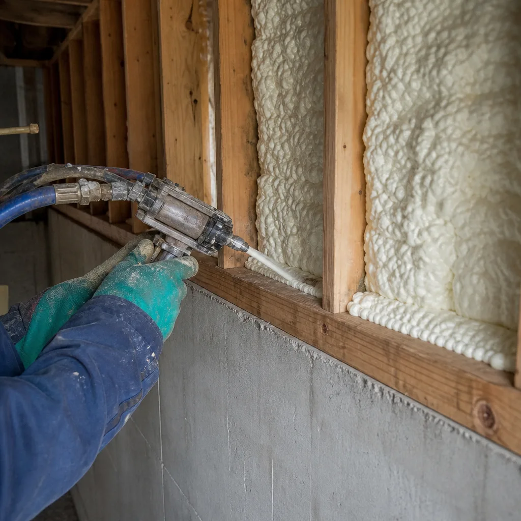 Worker applying spray foam insulation between wooden wall studs.