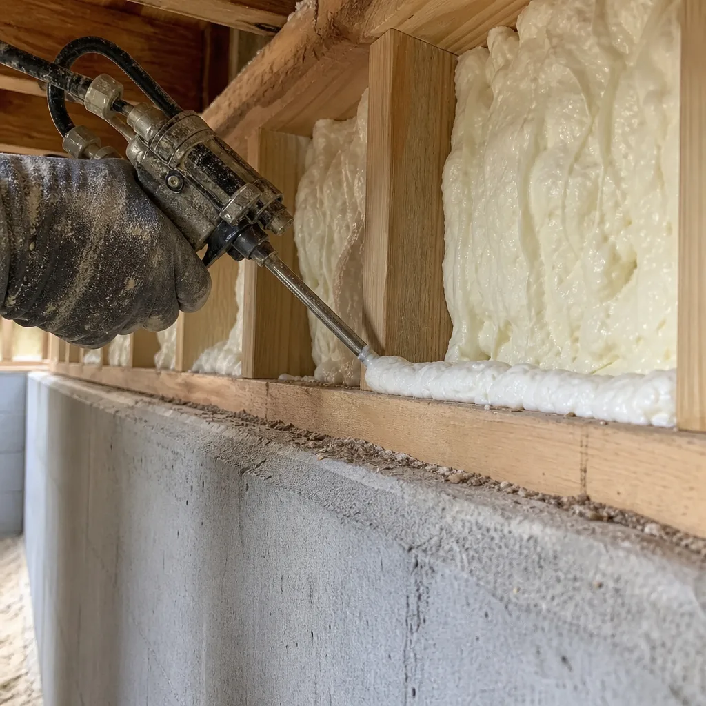 Professional applying spray foam insulation to wooden wall studs