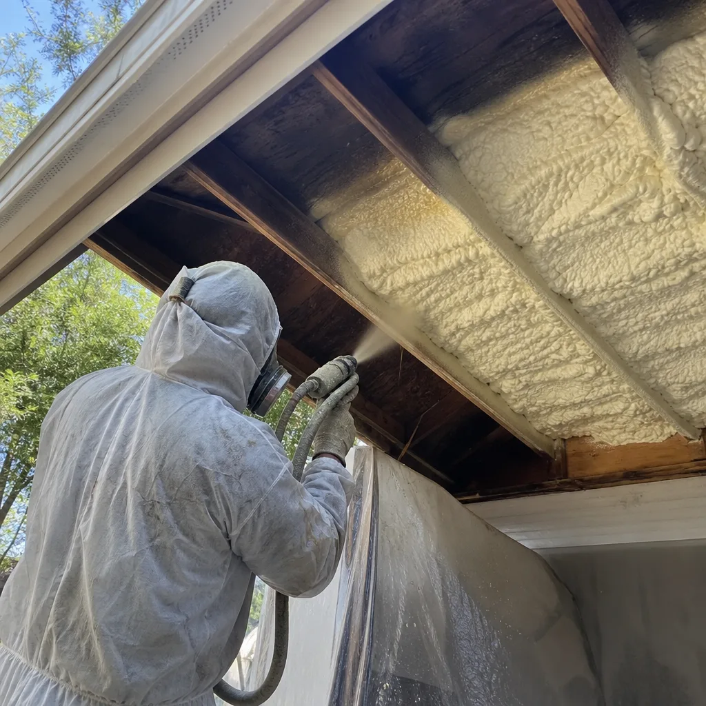 Technician applying spray foam insulation to a roof structure